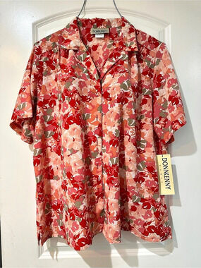 DONNKENNY Women’s NWT Floral Button Down Blouse Shirt Pink Red Plus 2X